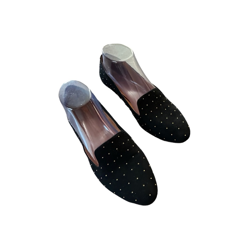 Madewell 1937 Size 8 Black Suede Teddy Loafers w Gold Studded Embellishments
